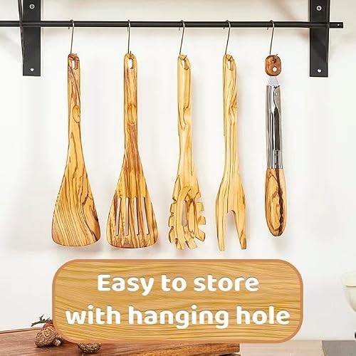 Edergoo Olive Wood Cooking Utensils Set, 5 PCS Wooden Spoons for Cooking Includes Stainless/Wood Tong, Natural Non-Stick Wooden Utensils Set with Innovative Finger Groove & Non-Slip Notch Design — view 6