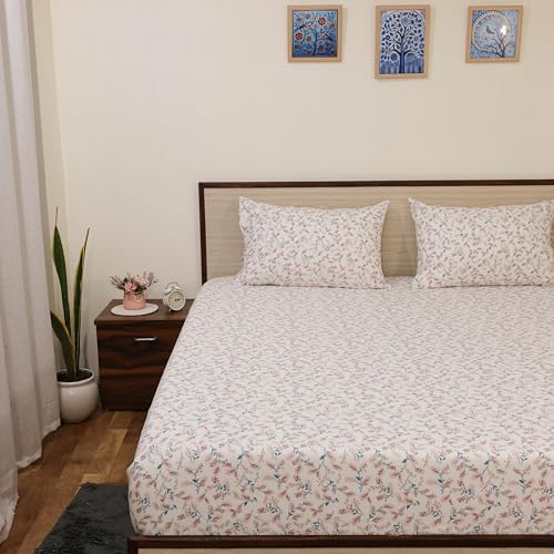 Image of King Size Bedsheet - Coco Rose Leaf Print - 108x108 Inches - Ultra Soft Brushed Microfiber Flat Sheet with Pillow Covers - Cooling, Lightweight, Wrinkle & Fade Resistant
