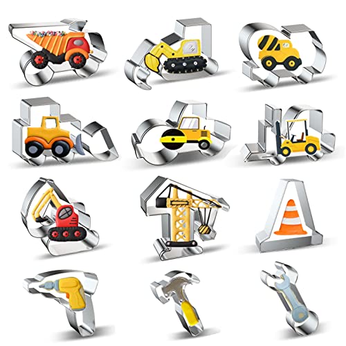Konstruktion Ausstecher, keksausstecher Set 12 Stück Bagger Digger Straßenwalze Traktor Bulldozer Muldenkipper Hammerschlüssel Bauwerkzeuge Ausstechform Plätzchen Ausstecher für Kinder