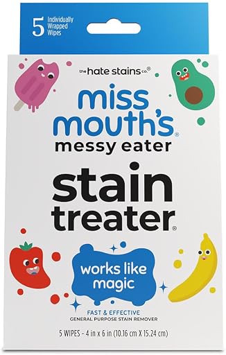 Miss Mouth's Stain Remover Wipes - Pack of 5, Unscented - Fast-Acting Messy Eater Stain Treater - Baby Food & Formula Cleanup - Travel Essentials & Diaper Bag Essentials