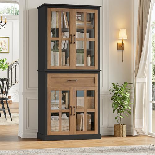 FOTOSOK 71'' Tall Kitchen Cabinet with Glass Doors and Drawer, Freestanding Food Pantry with Adjustable Shelves for Dining, Living Room, Natural