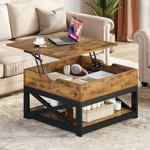 YITAHOME Lift Top Coffee Table with Storage, Farmhouse Coffee Tables for Living Room, Square Coffee Table with Lifting Top Wooden Coffee Tables Center Cocktail Table, Rustic Brown -  MAYIHsTkrm