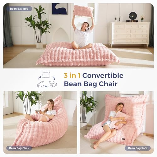 Image of MAXYOYO Giant Bean Bag Chair with Pillow, Convertible Bean Bag Chair for Adults, Floor Cushion Stuffed Floor Lounger for Living Room Bedroom, Bubble Pink