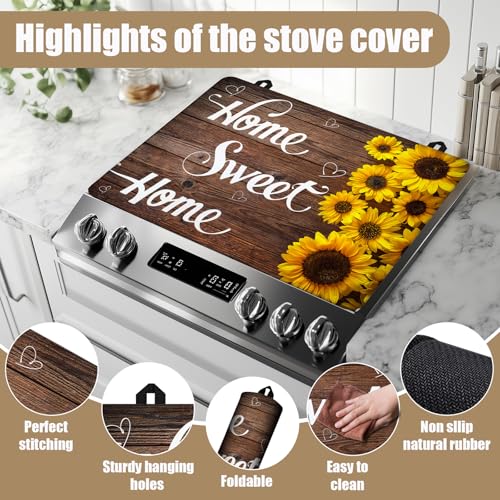 Image of Home Sweet Home Stove Top Covers for Electric Stove, Wooden Grain Electric Gas Stove Pad Heat Resistant Range Cooktop Protector for Home Decor Kitchen 28 inchx20 inch