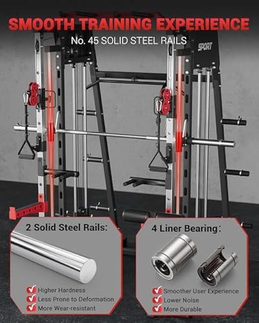 Smith Machine Home Gym All in One, 2200LBS Squat Rack Power Cage with Smith Bar, LAT Pull-Down, Cable Systems, Leg Hold-Down and More Attachments, Workout Equipment (Red Black)