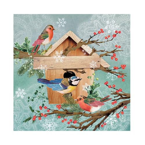 Set of 2 Individual Decoupage Paper Party Napkin Bird House Birds Winter Watercolor Decor Luncheon Napkins for a Birthday Holiday, Wedding, Cocktail Party