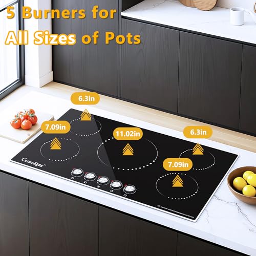 Image of 36 Inch Induction Cooktop, Cusinesync 5 Burner Electric Stove Top 220-240V Hardwired, Built in Induction Stove with Knob Control, 9 Power Levels, 9200W Ceramic Glass Surface for Magnetic Cookware