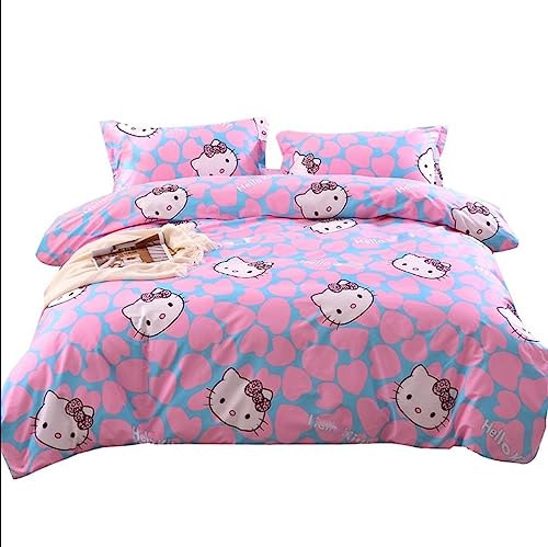 Agmdno Hellotty Juego de ropa de cama, funda de almohada de 80 x 80, funda nórdica de 135 x 200 cm, ropa de cama infantil, rosa, estampado digital 3D, ropa de cama para niñas (A, 90 x 200 + 80 x 80