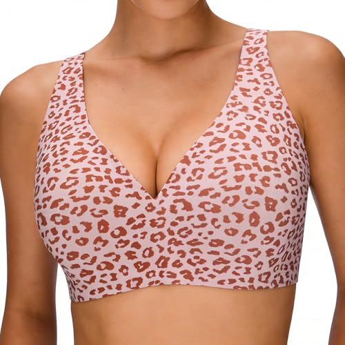 Seamless Jelly Bra Full Cup Leopard Print Bra Comfort Sleep Jelly Push Up Bra Seamless No Under Wireless Bras for Women Uk Everyday T shirt Bras (UK Alpha L Regular Regular Leopard-print pink)