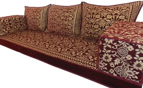 mysticalanatolia Arabic Majlis Sofa – 75 x 27 x 4 in Velvet Floor Seating, Burgundy Gold Embroidered Design, Convertible Guest Mattress, Traditional Arabic Bohemian Furniture Loveseat Futon Sets
