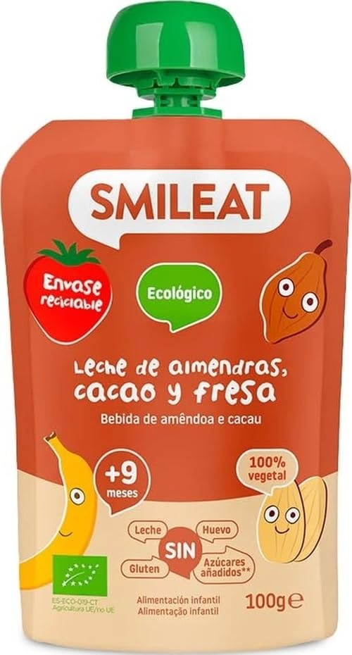 Smileat - Pouch de Frutas - Sin Sal ni Azúcar Añadido, Sin Gluten - Snack Práctico para Peques - Sabor a Leche de Almendras, Cacao y Fresa