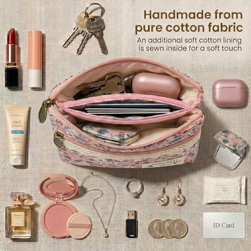 Image of Women Small Zipper Coin Purse, Handmade Fabric Flower Embroidered Change Pouch, Cotton Double Zipper Wallet