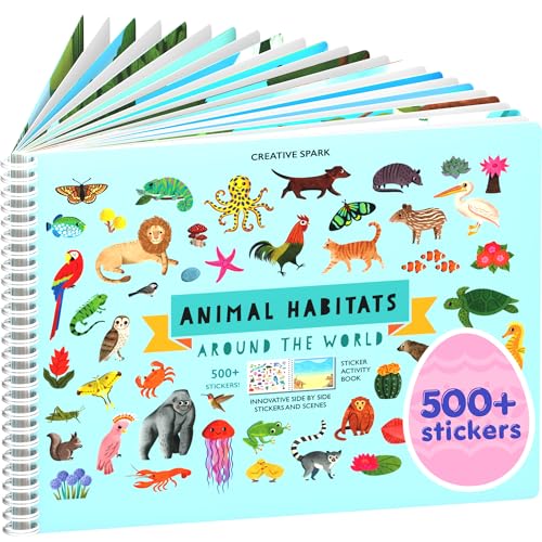 Image of Animals Habitat 500+ Kids Sticker Book by Cupkin Toddler Airplane Travel Activity Coloring and Sticker Book, Easter Basket Stuffer, 12 Coloring Pages + 12 Scenes for Children's of 2-8 Years