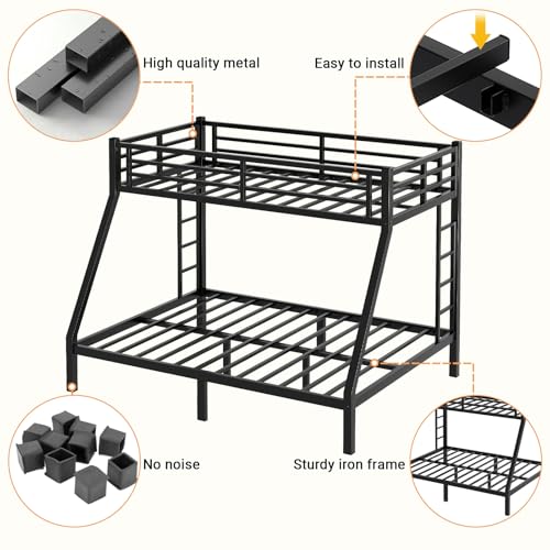 Twin XL Over Queen Bunk Bed, Metal Bunk Bed Frame Heavy Duty Bunk Beds Loft Bed Frame with Ladder and Guardrail Metal Slats No Box Spring Required for Adults Teens, Black