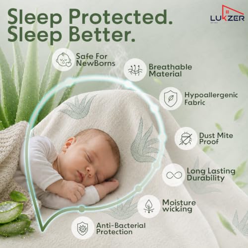 Image of Lukzer 100% Waterproof Natural Aloe Vera Mattress Protector Queen Size 75 inch x 60 inch inch | 360 Elasticated fit, Breathable, Hypoallergenic, Noiseless, Ultra-Soft Fitted Deep Pocket Bed Protector Cover