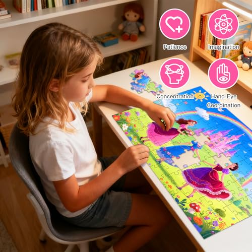 Rompecabezas de 100 piezas para niños de 4 a 6, 6 a 8 y 8 a 10 años: Temas de Unicornio, Sirena, Princesa y Hada — Juego educativo para niñas y niños, paquete de 4 unidades (15" x 10") miniatura 3