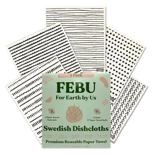 FEBU Swedish Dishcloths for Kitchen | 5 Pack Black Minimalist Swedish Dish Towels | Reusable Paper Towels Washable | Non-Scratch Cellulose Sponge Cloths | No Odor, Biodegradable, Swedish Cloths