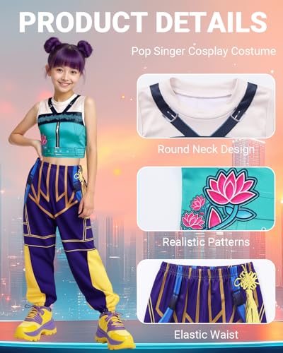 Girls Demon Pop Singer Hunters Costume Star Stage Outfit, 2-Piece Idol Costume with 3D Graphic Top and Pants, Kids Halloween Costume Singers Leader Cosplay BQ075XL - 4