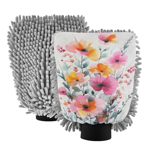 Kigai Beautiful Wildflowers Car Wash Mitt Microfiber, 2Pcs Scratch Free Lint-Free, Premium Chenille Microfiber Mitt Car Wash Brush-L