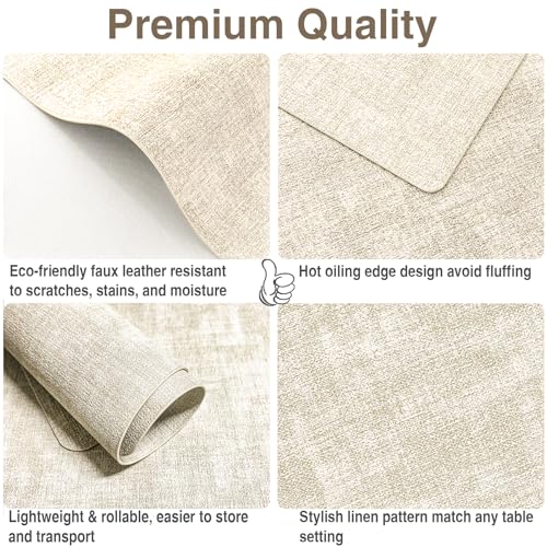 Faux Leather Placemats Set of 6, Heat Resistant Wipeable Washable PVC Place Mats, Reversible Waterproof Oil Proof Table Mats for Kitchen Dining Party Indoor Outdoor, 12" x 17", Beige