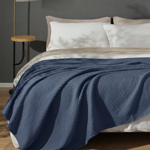 Image of PHF 100% Cotton Waffle Blanket Lightweight Breathable, Queen Size Dark Navy | Pre-washed Soft Cozy Summer Throw for Hot Sleepers, Textured Decorative Layer for Bed Couch Sofa Guest Room, Giftable