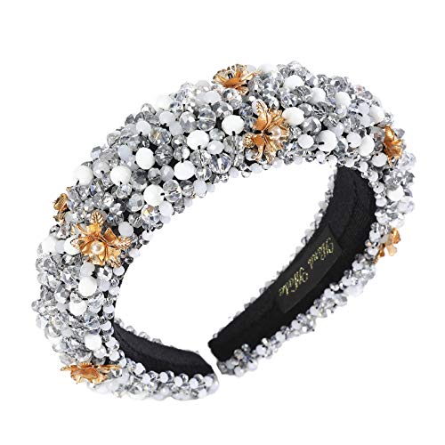 AWAYTR Velvet Padded Pearl Embellished Headband Large Padded Velvet Races Goth Wedding Headpiece for Women (White pearl+Gold)