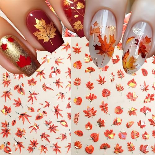 2 Sheets Fall Maple Nail Stickers for Nail Art, Self-Adhesive