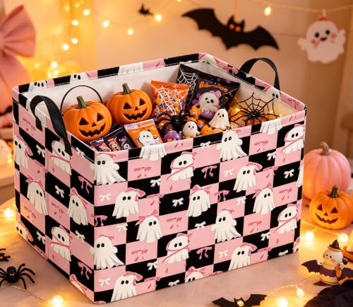 Image of Rectangle Storage Basket with Handles,Collapsible Storage Bin,Gift Basket(Pink Check Halloween)