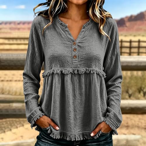 Boho Shirts for Women V Neck Button Tops Ruffle Trim Pullover Tops - image 2
