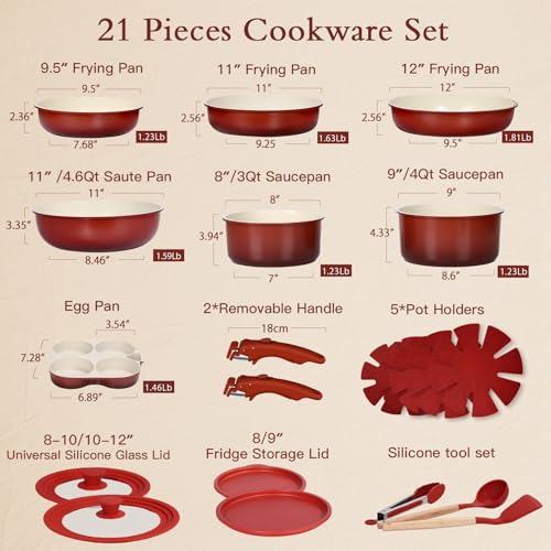 Image of GIPP 21PCS Pots and Pans Set Non Stick,Kitchen Cookware Set Detachable Handle,Red and Black Gradient Pot and Pan Set,Non Toxic Cooking Pan Set with Frying Pans Set,RV Cookware Sets for All Stoves