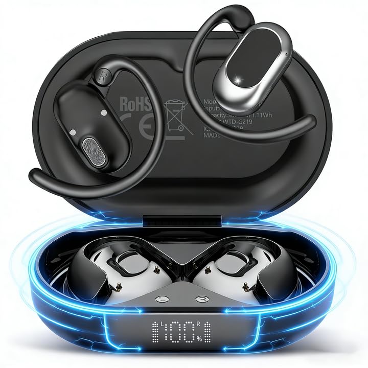 Open Ear Kopfhörer Bluetooth 5.4, 36Std Bluetooth Kopfhörer Tiefem Bass | 14,2 mm Treiber Ohrhörer mit 4 ENC Mic, IPX7 Wasserdicht Over-Ear Sportkopfhörer mit Ohrhaken für Laufen/Reiten/Büro