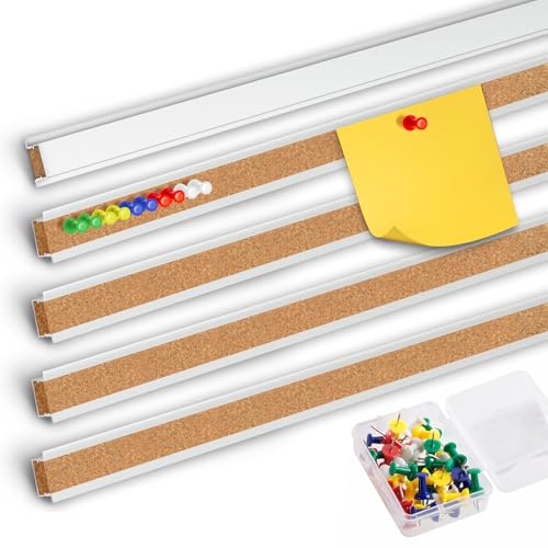 Cork Bulletin Board Strips for Wall, 5pcs Cork Strips Aluminum Frame Bulletin Bar Strip for Classroom, Office, Walls (47.2"×1.1")