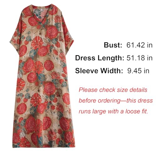 Image of Plus Size Summer Dress Printed V Neck Casual Loose Long Dresses with Pockets