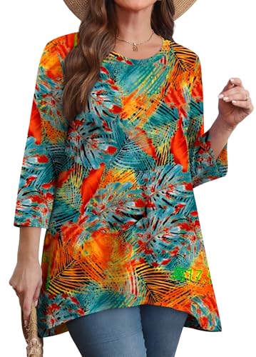 Image of OFEEFAN Tunic Tops for Women Loose Fit Dressy 3 /4 Length Sleeve Womens Tops with Asymmetrical Hem S-4XL