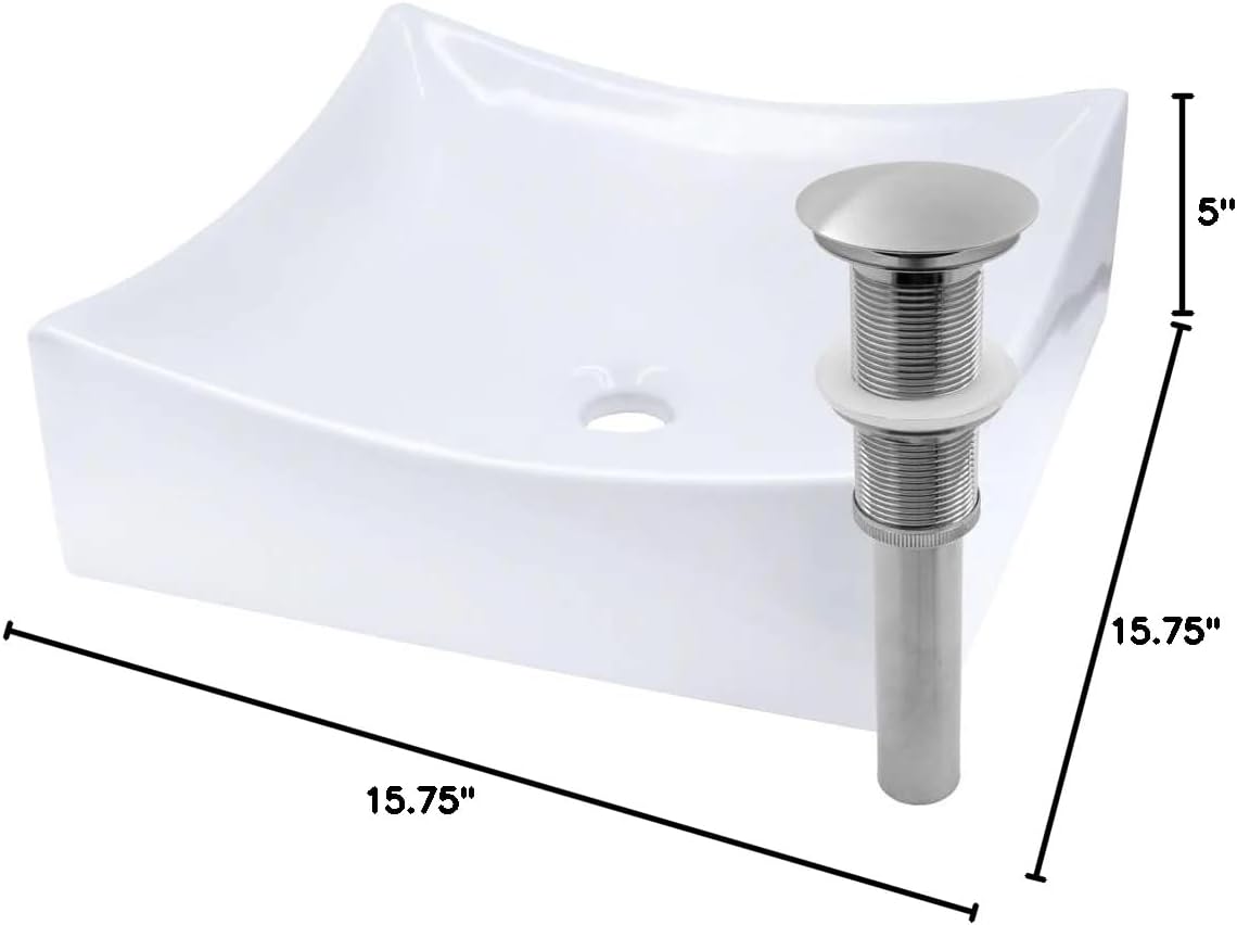 Miseno MVS-NP-218421 15-3/4" Square Porcelain Vessel Bathroom Sink and Umbrella Drain Assembly - Polished White/Brushed Nickel Drain