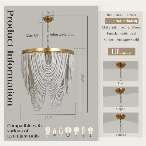 OSAIRUOS 6-Light Bohemia Wood Beaded Chandelier for Entryway Handmade Gold Foil Finish Boho Pendant Light Rustic Farmhouse Lighting Fixtures Coastal Chandeliers for Foyer Living Dining Room Bedroom - Image 5
