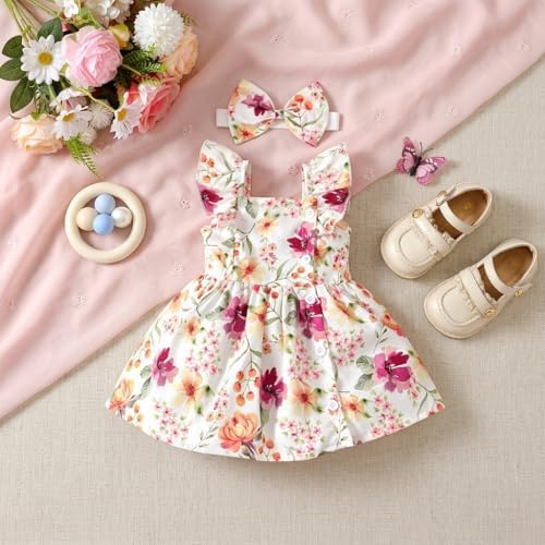 Baby Girl Floral Sundress Ruffle Strap Button Front Dress with Matching Bow Headband Cute Outfit Set (White,6-9 Months)