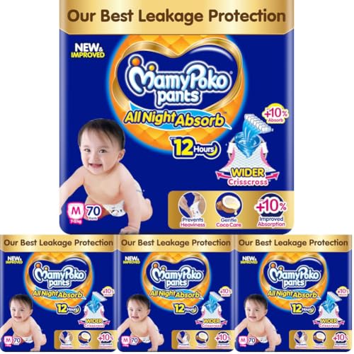 Image of New Mamypoko Pants Premium All Night Absorb| Pant Style Baby Diapers Medium Size(M), 70 Count, Ideal for 7-12Kgs|1 Diaper: Upto All Night Absorption now with 10% increased power|Wider Crisscross Sheet|Gentle Coco Care| 12hr Leakage Protection| Prevents Heaviness.