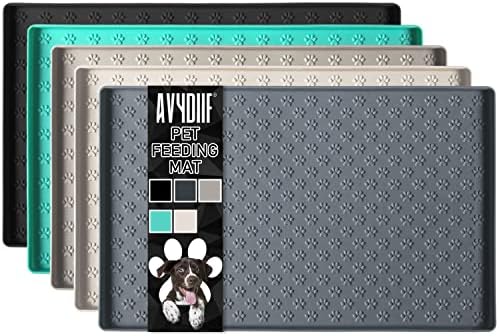 Dog Cat Mat for Food and Water, Waterproof Pet Bowl Mat Nonslip Pet Feeding Mats, Rubber Pet Placement with Raised Edge to Prevent Messes and Spills on Floor, Dishwasher Safe(L: 24" X 16", Grey)