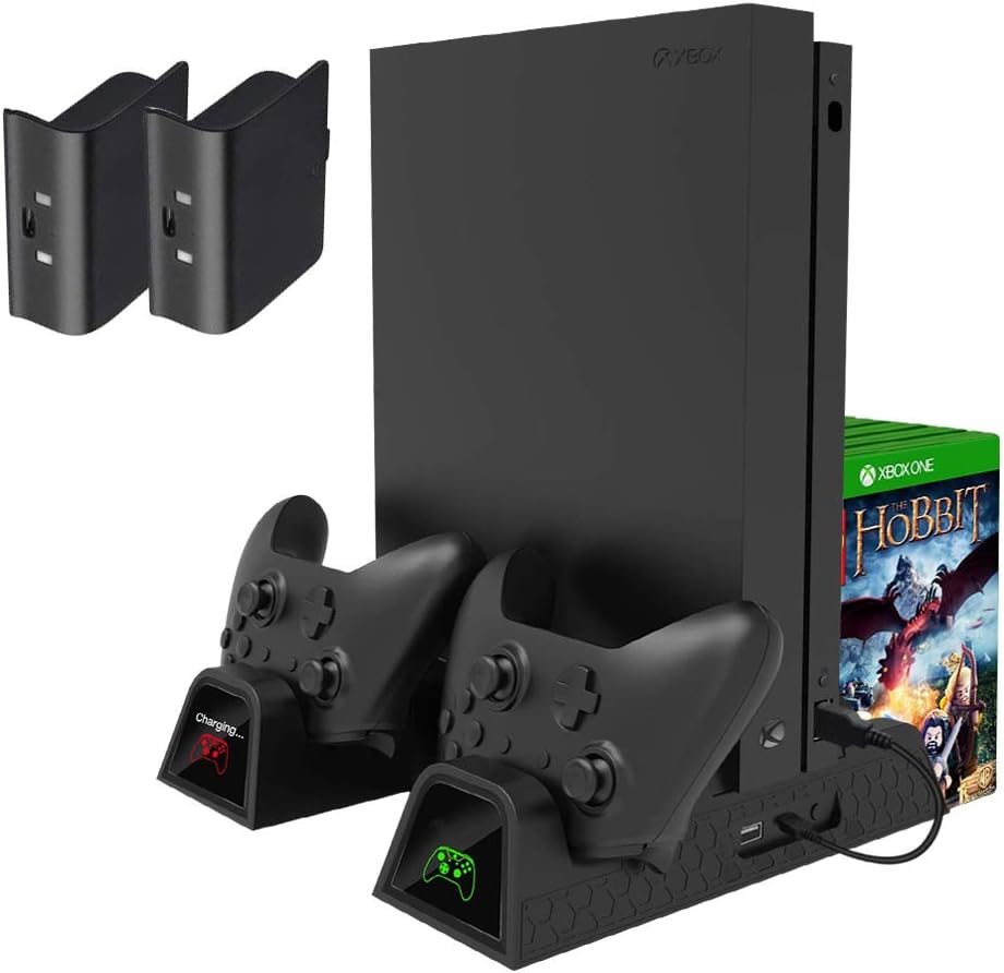 Cooling Stand Compatible with Xbox One X/Xbox One S/Xbox One Controller, Vertical Charging Station with 2 Pack 600mAh Batteries & Games Storage, Dual Controller Charging Station