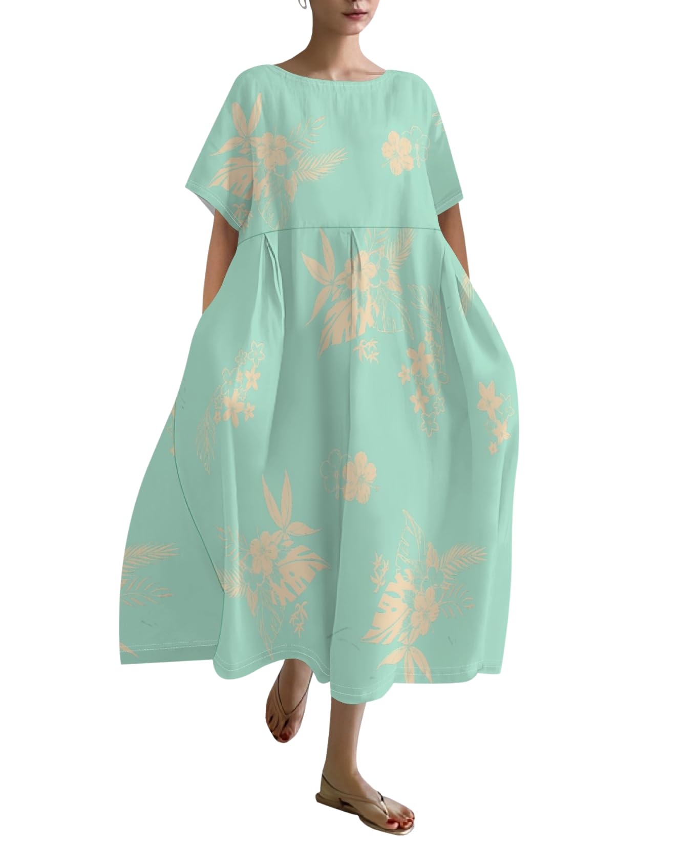 Plus Size Dress for Women Flowy Midi Dress Boho Floral Linen Short Sleeve T Shirt Dresses with Pockets Trendy Summer