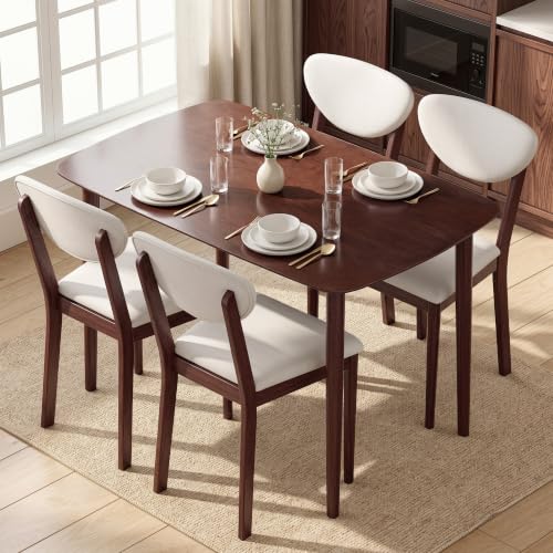 HOMCOM 5-Piece Dining Table Set for 4 Mid-Century Modern Kitchen Table and Chairs with Padded Seats and Backrests Solid Wood Frame for Small Space Dining Room Living Room Cream White