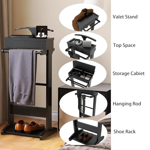 Image of Wooden Valet Stand for Men, Modern Mens Valet Stand with Tray Organizer, Shoe Shelf, Hanging Rod & Suit Rack, Freestanding Clothes Rack for Bedroom Entryway Office, Black