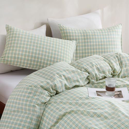 Image of TOCOMOA Plaid Duvet Cover Set 100% Washed Cotton Like Linen Feel Super Soft Comfy 3 Piece Green and Yellow Gingham Checkered Bedding Comforter Cover Set (King 104 inchx90 inch, Comforter Not Included)