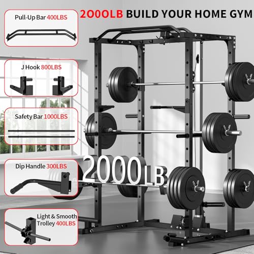 Image of JEEKEE Power Rack with LAT Pulldown, 2000LBS Power Cage with Cable System, Multi-Function Squat Rack with J-Hooks, Safety Bars, Landmine, Pull Up Bar & Attachments for Home Gym Strength Training,Black