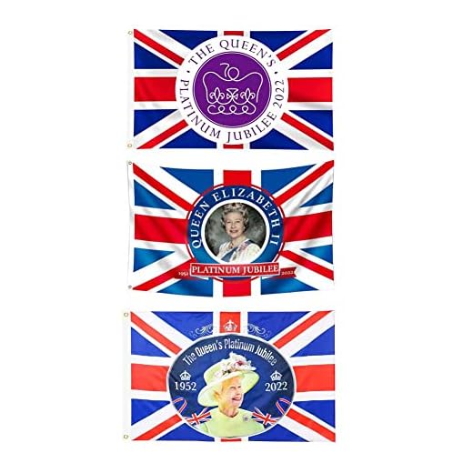 Merrwon (3 st) Queens Platinum-jubileum 2022 flagga 15 cm x 15 cm, Union Jack-flagga mässingsöljetter med hennes majestät drottningen vattentät kanvas (banner)