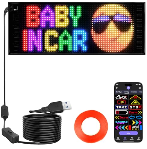 Image of RAYHOME Full Color Dual Row LED Sign for Car, 17''x6.3'' Flexible 5V /2A Bluetooth APP Control LED Signs Custom Text Message Pattern Programmable LED Display for Car Store.