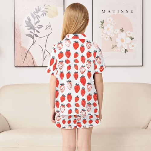Retro Strawberry Painting Summer Satin Pajama Set, Cute Button-Down Sleepwear Pj Set for Sleep Wears4