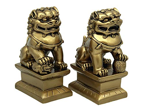 Figura decorativa pareja de perros Foo de resina dorada miniatura 2