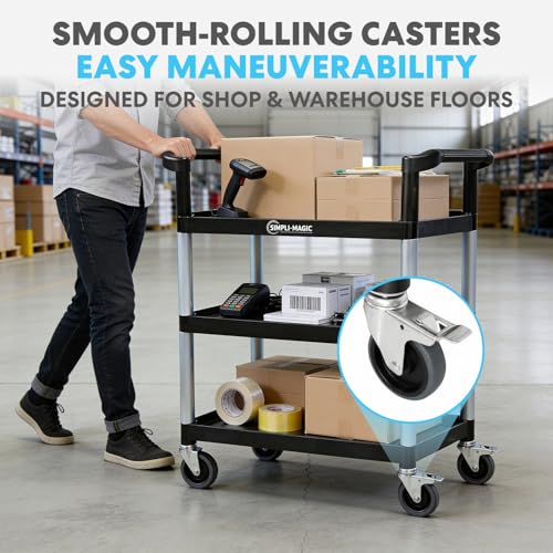 Image of Simpli-Magic Rolling Utility Cart on Wheels, Heavy Duty Multi-Purpose Service Cart, Silver & Black, Garage, Warehouse & Commercial Use